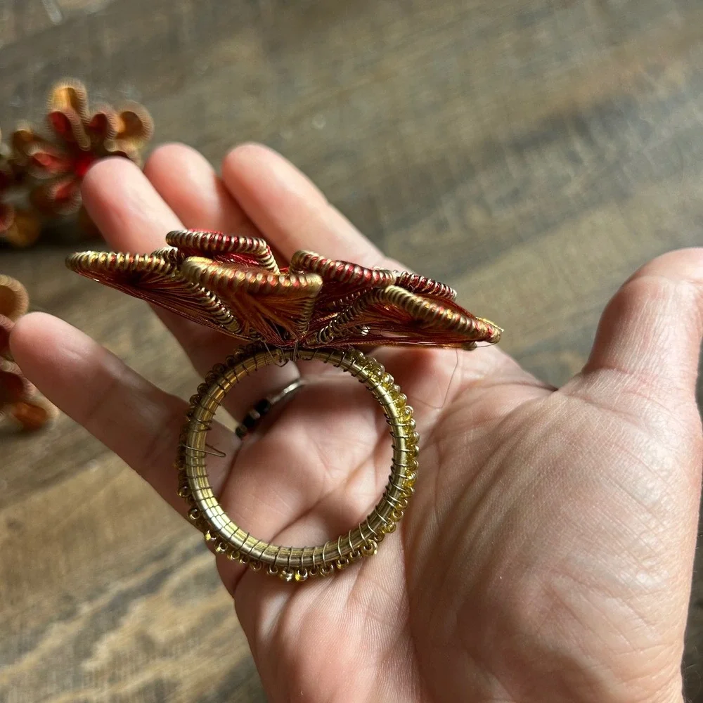 Pier 1 Imports Red Gold Beaded Flower Napkin Rings Set of 8‎ Jeweled Floral Boho